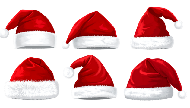 Six red and white santa claus hats in various orientations arranged in a grid pattern png cutout