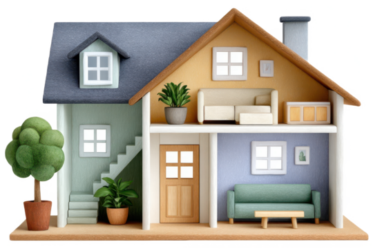 A colorful model house featuring a cozy interior, stairs, plants, and furniture, showcasing a charming miniature home design.