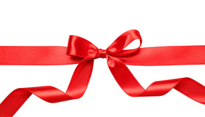 A shiny red ribbon tied in a bow with trailing ends, centered horizontally in the frame, isolated on white background