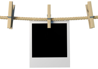 Blank instant photo hanging on the clothesline, 3D rendering isolated on a transparent or white background