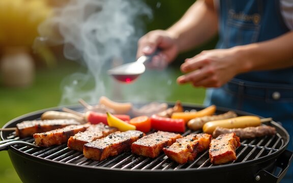Summer Backyard Barbecue Grilling Food & Friends Gathering. High quality
