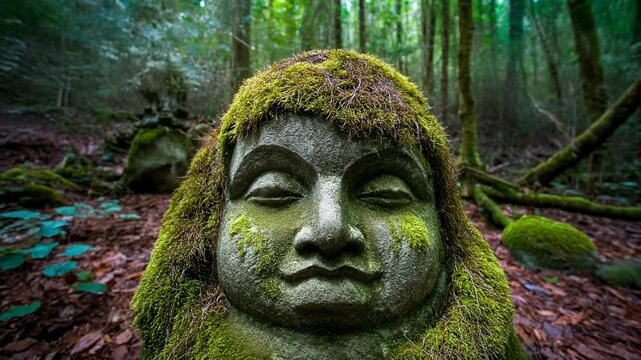 Antigua estatua de piedra cubierta de musgo con ojos cerrados en la profundidad de un bosque sereno.