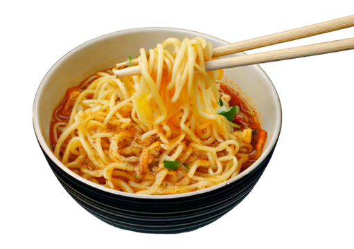 Delicious noodles held with chopsticks, isolated on a transparent or white background