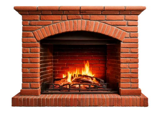 Exposed Brick Fireplace isolated on a transparent or white background