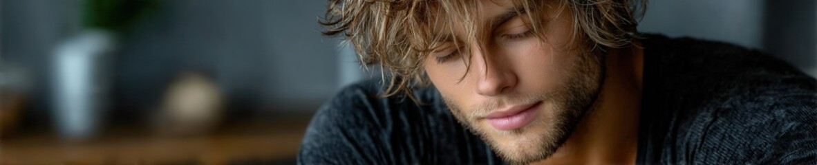 Peaceful young man meditating with closed eyes in soft morning light, calm atmosphere, relaxed pose, light grey background, warm serene mood.