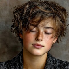 Peaceful young man meditating with closed eyes in soft morning light, calm atmosphere, relaxed pose, light grey background, warm serene mood.