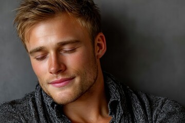 Peaceful young man meditating with closed eyes in soft morning light, calm atmosphere, relaxed pose, light grey background, warm serene mood.