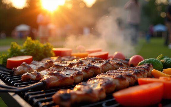 Sunset Barbecue Gathering: Delicious Grilled Meats and Colorful Vegetables at a Summer Party. High quality