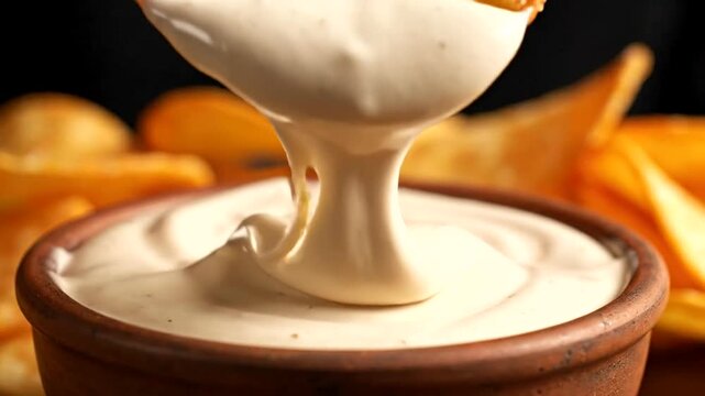 Potato chip being dipped into a bowl of creamy white sauce on a dark background