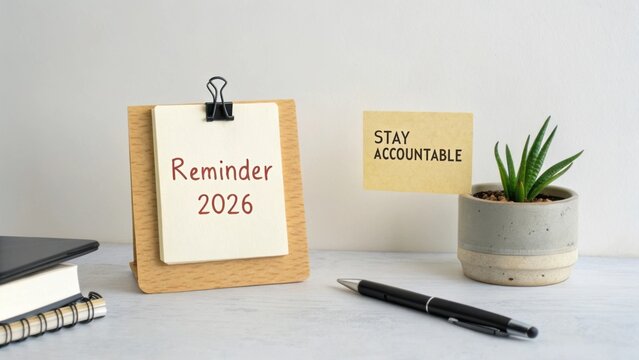 Cozy workspace setup with reminder note for accountability and goal setting on a minimalist desk with plant and stationery - Powered by Adobe