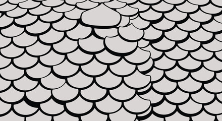 An intricate pattern of light grey, scallop-shaped scales with bold black outlines, featuring irregular and dislodged elements that break the repeating texture.