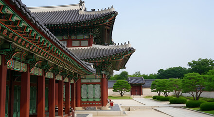 Obraz premium Historic Korean Palace Architecture Dancheong Detail and Peaceful Courtyard