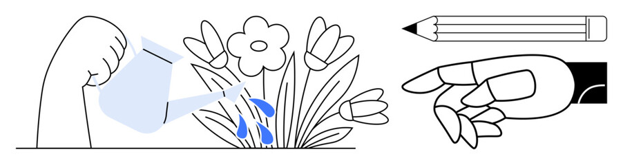 Hand watering blooming flowers, pencil symbolizing creativity, and hand planting seeds. Ideal for growth, creativity, sustainability, nurturing, learning innovation and environmental care. Simple