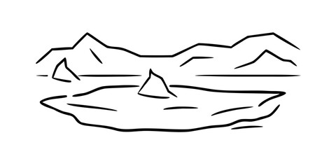 A simple line drawing of a lake with mountains in the background, showcasing a serene and peaceful landscape
