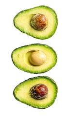Three avocado halves vertically stacked