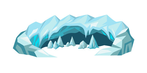 Illustration of an ice cave with icicles hanging from the ceiling, the cave is blue and white, and the icicles are sharp and pointy