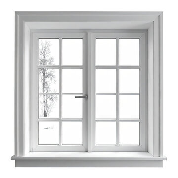 White paneled window, tree visible