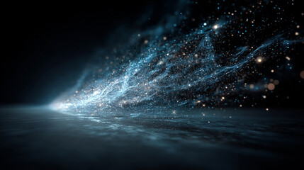 Space debris dissolving into glowing light particles with dynamic motion and cosmic energy representing transformation, futuristic space visualization, digital effects, and abstract celestial phenomen