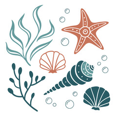 Illustration of marine life with seaweed, starfish, and shells ideal for coastal decor, oceanthemed crafts, or summer promotions