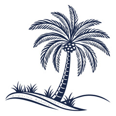 Obraz premium Illustration of a single palm tree with a curved trunk, surrounded by grass and a sandy dune, the tree has a crown of leaves