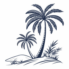 Obraz premium Illustration of two palm trees on a sandy dune with grass, the trees have curved trunks and crowns of leaves