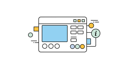 A minimalist line art illustration of a digital interface, like a browser, showing a screen, controls, and connected elements for data and information.