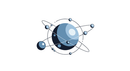 Obraz premium Abstract blue atom illustration with orbiting electrons, stylized as spheres on elliptical paths, representing science and technology.