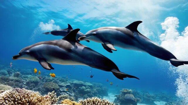 Three dolphins swimming in the ocean near coral reefs and colorful tropical fish underwater scene dolphin video