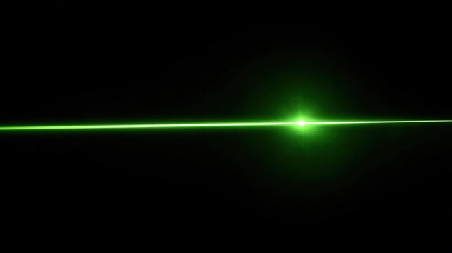 Green laser beam background on pure black backdrop: single thin straight glowing laser, strong contrast between light and dark for depth, striking visual impact, suitable for digital art, graphic desi