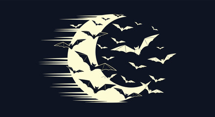 Stylized graphic illustration of a large flock of bats flying around a crescent moon with motion lines against a dark night sky.