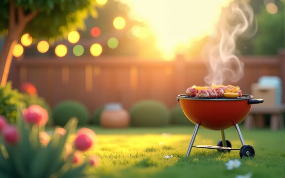 A 3D illustration of a backyard summer party with a cute barbecue grill and garden lights, perfect for a family summer theme. High quality