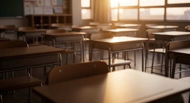 Empty classroom desks bathed in warm sunlight through windows