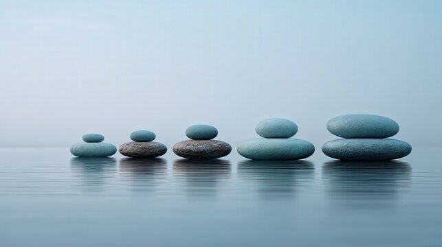 A serene arrangement of stacked stones on a calm water surface, evoking tranquility and balance in a minimalistic setting.