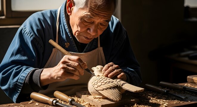 Artisan carving wood bird sculpture detail craft woodworking skill old man carving art woodworker talent