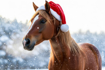 A brown horse with a New Year's hat on its head against a background of snow-covered trees