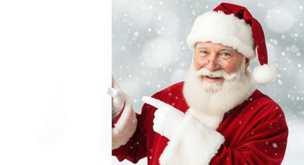 Naklejka premium Joyful Santa Claus pointing to empty space