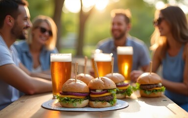 Friends enjoying a summer BBQ with burgers and beers on a table, in a sunny, lively outdoor setting. High quality