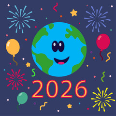 Naklejka premium Kawaii Earth Celebrating New Year 2026