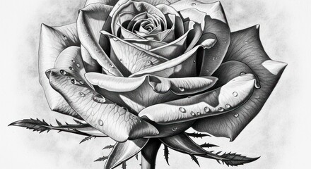 Detailed Black and White Rose Drawing with Dewdrops.