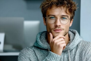 Focused male developer at standing desk interacting with a subtle holographic data display in a pale blue studio, professional and modern look.