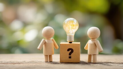 Two wooden figures stand beside a box with a question mark, featuring a glowing light bulb above, symbolizing curiosity and ideas.