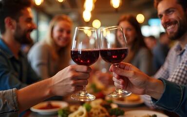 Joyful companions celebrating with crimson wine glasses at gathering - Crowd enjoying midday pause at pub eatery - Lifestyle idea with males and females socializing - Cuisine and refreshments.