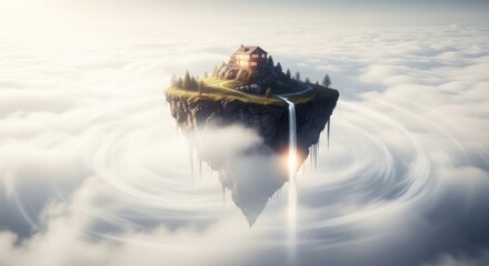 Floating Island in the Clouds with Waterfall and Lush Greenery.