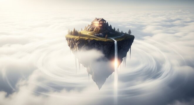 Floating Island in the Clouds with Waterfall and Lush Greenery.