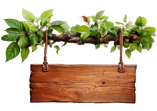Wooden signboard hanging on branch with green leaves, isolated on a transparent or white background