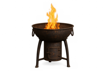 Rustic metal fire pit brazier bowl with burning orange flames, providing warmth and light for outdoor activities, transparent background