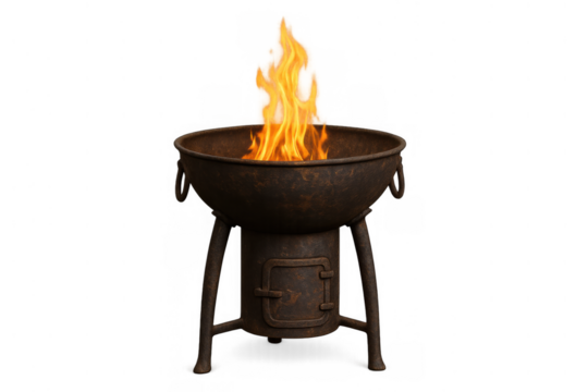 Rustic metal fire pit brazier bowl with burning orange flames, providing warmth and light for outdoor activities, transparent background