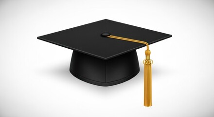 Graduation Cap with Golden Tassel on White Background.