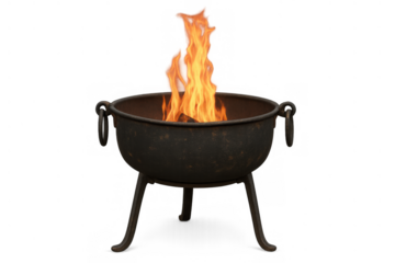 Outdoor fire pit with intense glowing flames, creating heat and a classic ambiance in a dark metallic brazier