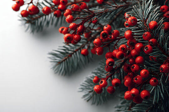 Christmas composition flatlay. Spruce branches, red berries on white background with space for text
